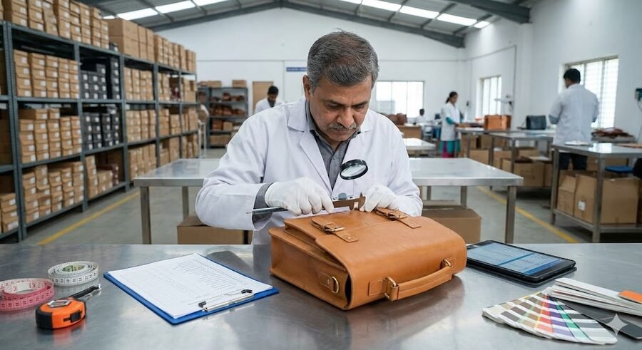 quality control specialist at leather bag wholesale India examining premium products
