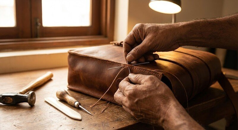Expert craftsman at leather bag manufacturer India facility hand-stitching premium leather
