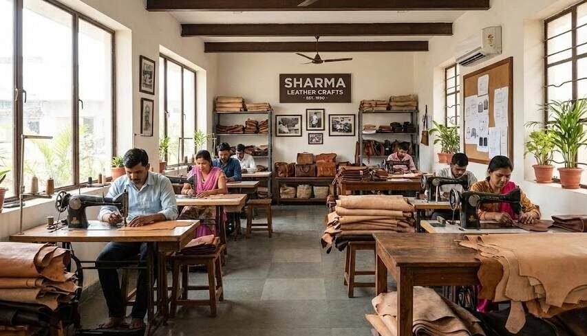 Expert craftsman at leather bag manufacturer India facility hand-stitching premium leather