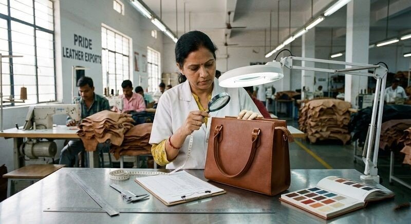Quality inspector examining finished leather bags at leather bag manufacturer India facility