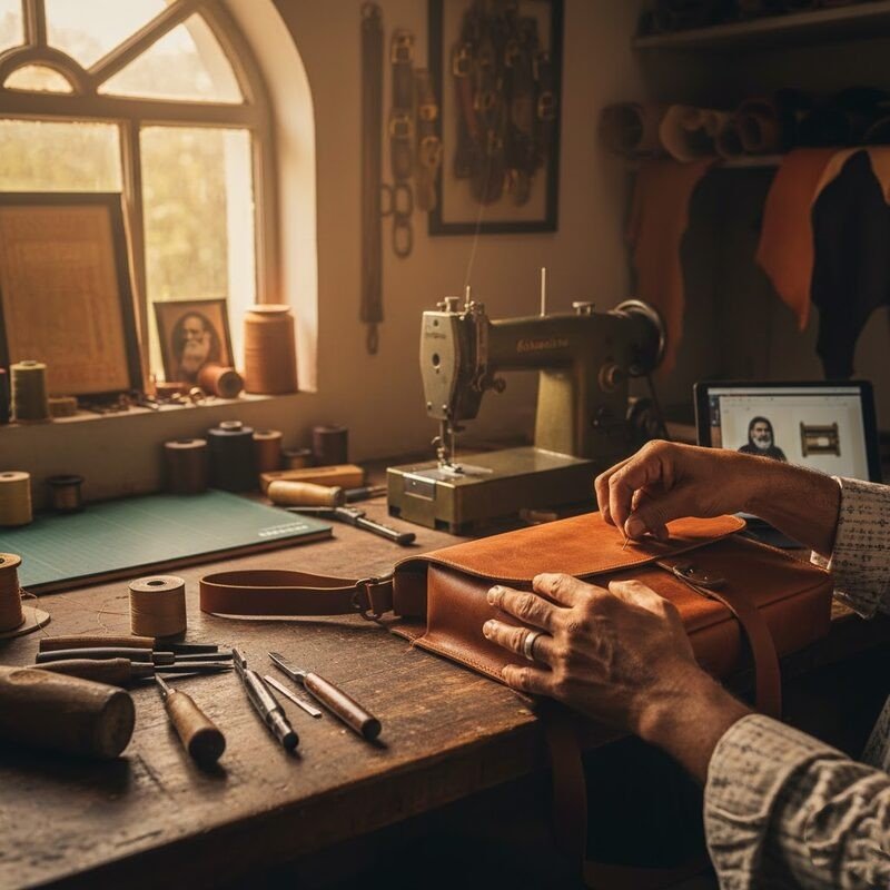 skilled craftsman creating bulk leather bags India using traditional and modern techniques